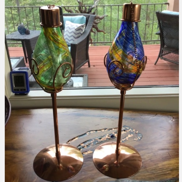 Set of Vintage Murano Hand Blown Art Glass Oil Lamps w/copper stand 19”H - Picture 8 of 9